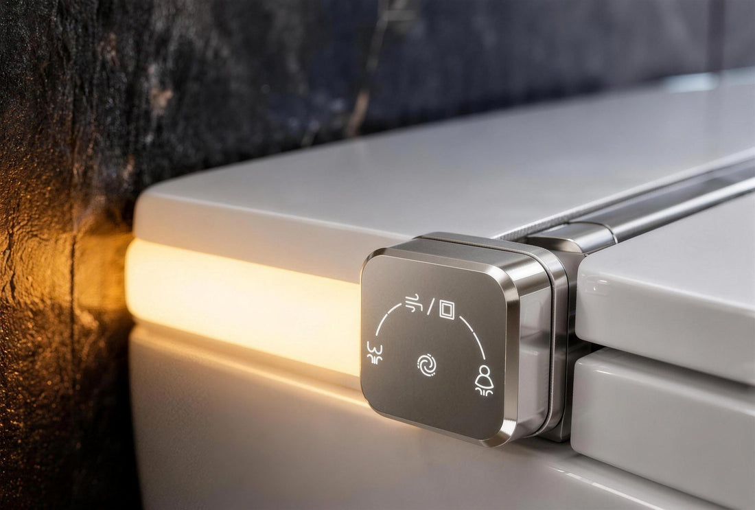 Close-up of the Tresani Clair smart toilet's silver side control dial beside its warm light strip