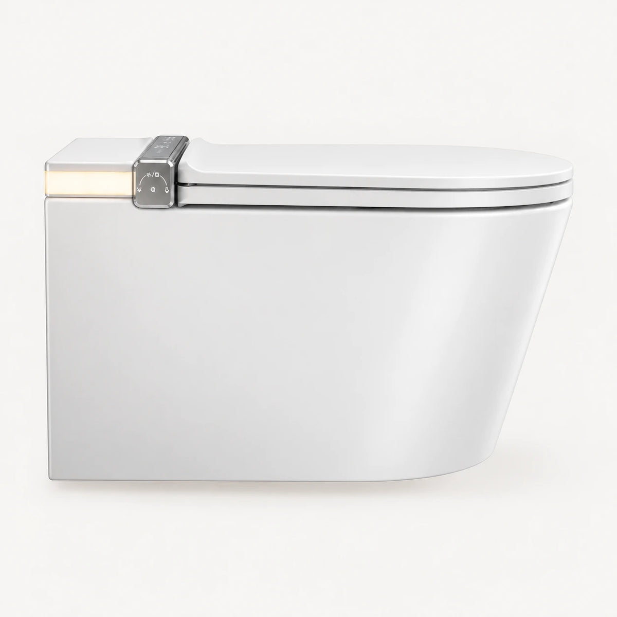 Tresani Clair white wall-hung smart toilet, left side view, with the warm light strip