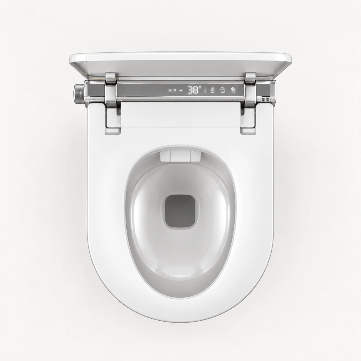 Tresani Clair white wall-hung smart toilet, seen from above with the lid open