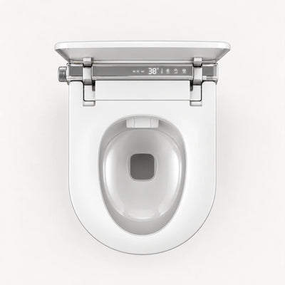 Tresani Clair white wall-hung smart toilet, seen from above with the lid open