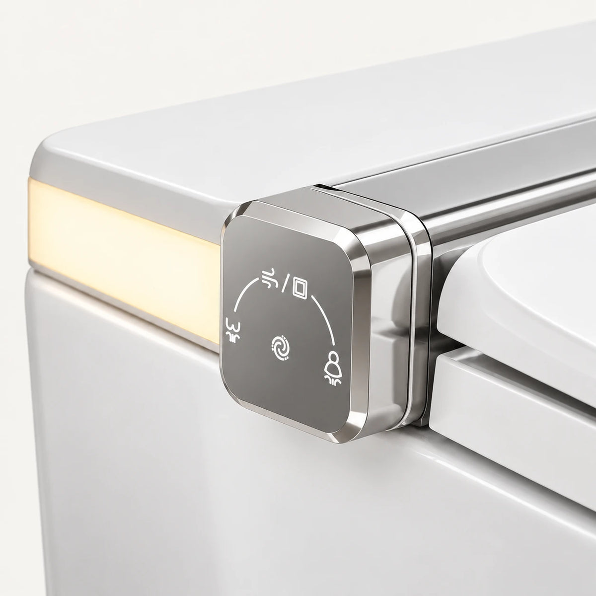 Tresani Clair white wall-hung smart toilet, close-up of the rotary control and warm light strip