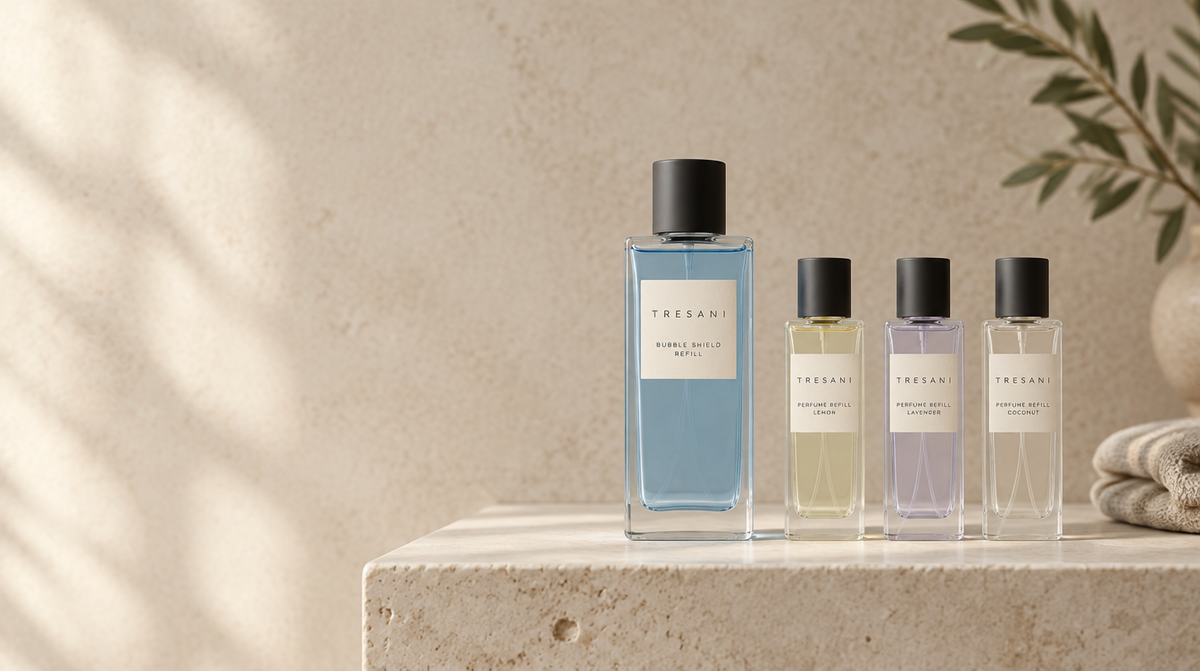Tresani Bubble Shield refill with blue liquid beside Lemon, Lavender and Coconut perfume refills on a travertine shelf