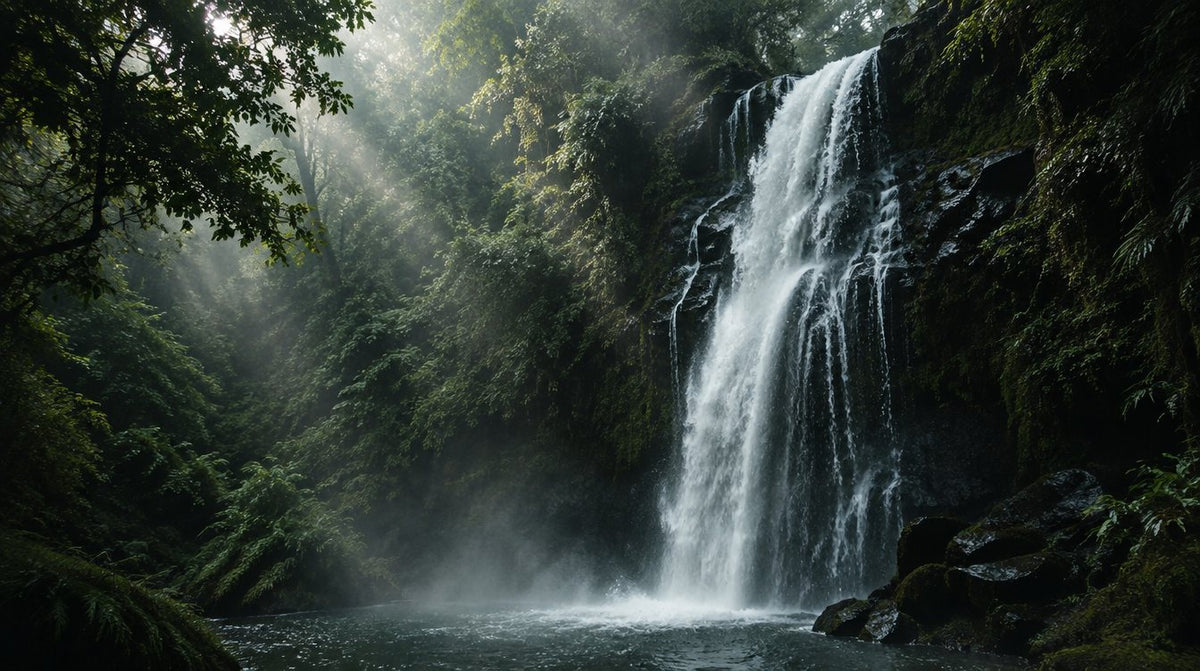 Rainforest waterfall in soft morning mist