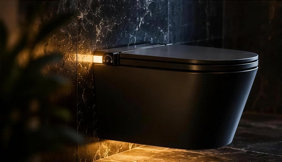 Obscur wall-hung smart toilet with its warm ambient light glowing against dark marble