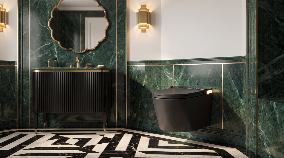 Tresani Obscur matt black wall-hung smart toilet in an Art Deco bathroom with green marble, brass details and a black-and-white chevron floor