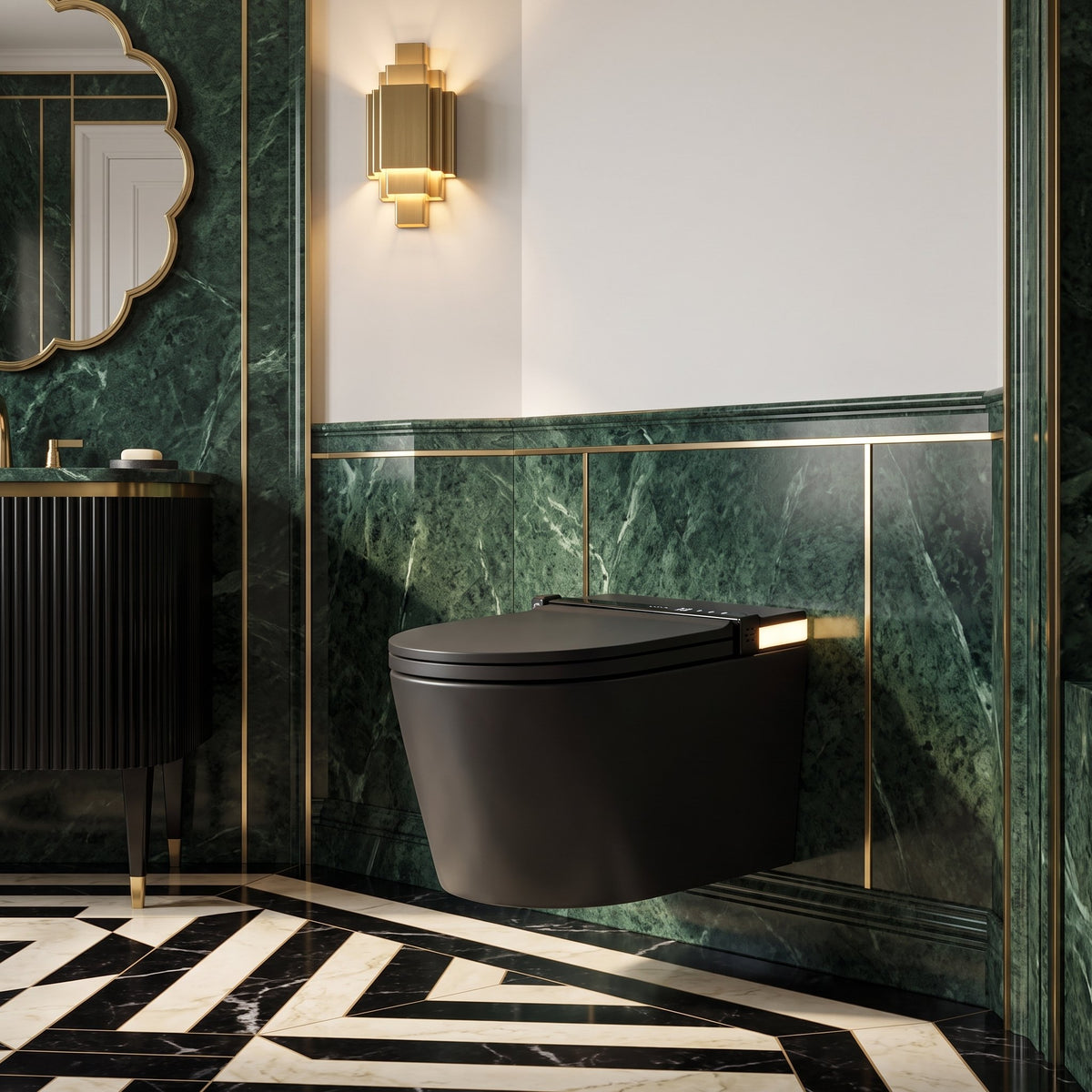 Tresani Obscur matt black wall-hung smart toilet against green marble and brass in an Art Deco bathroom