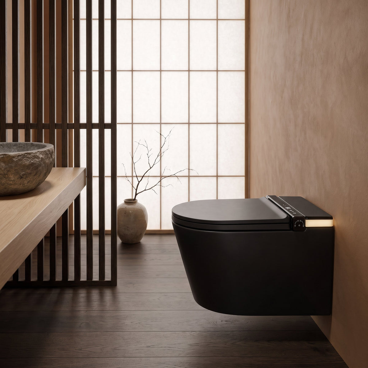 Tresani Obscur matt black wall-hung smart toilet close up in a Japandi bathroom with shoji light and timber screens