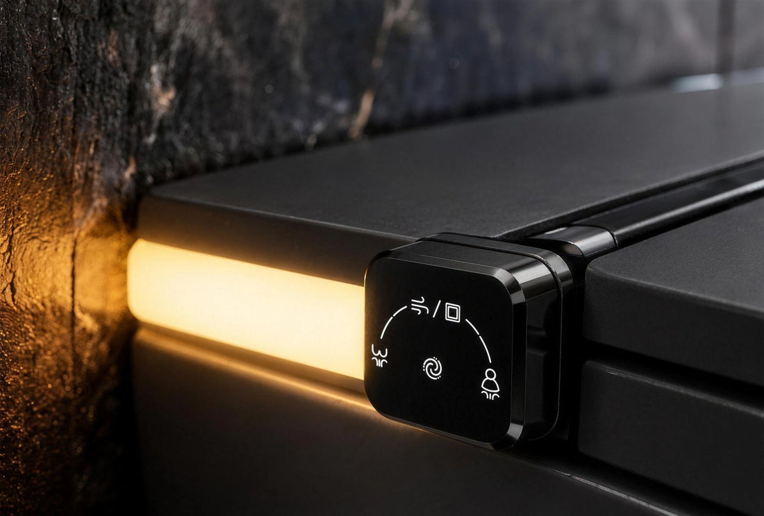 Close-up of the Tresani Obscur smart toilet's black side control dial beside its warm light strip