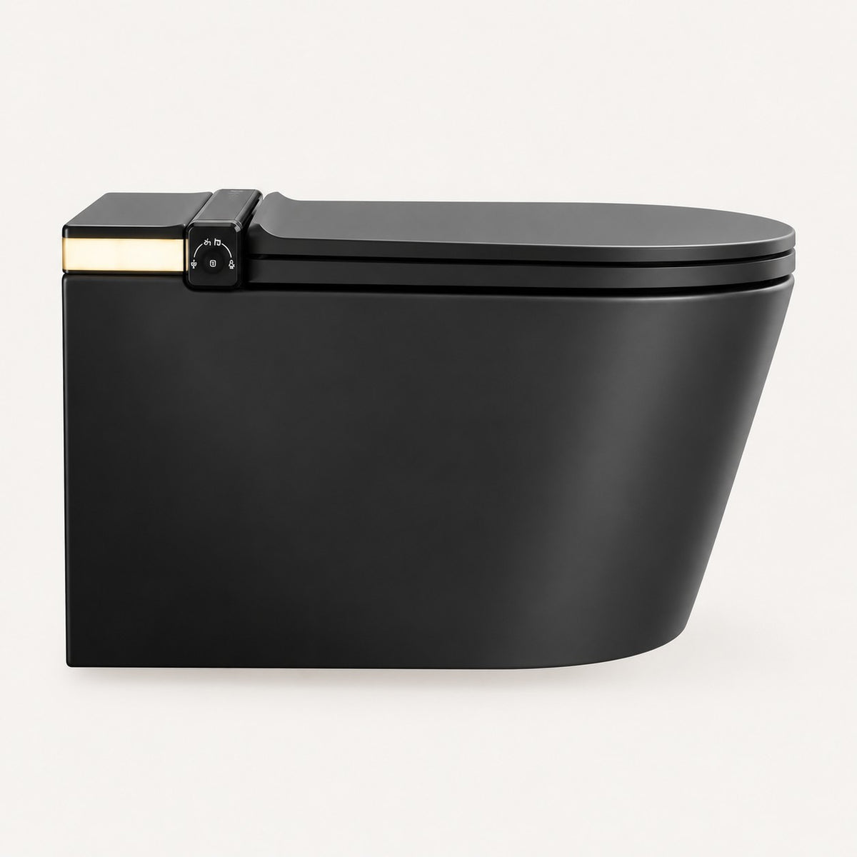Tresani Obscur matt black wall-hung smart toilet, left side view, with the warm light strip