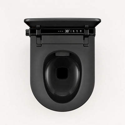 Tresani Obscur matt black wall-hung smart toilet, seen from above with the lid open