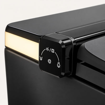 Tresani Obscur matt black wall-hung smart toilet, close-up of the rotary control and warm light strip