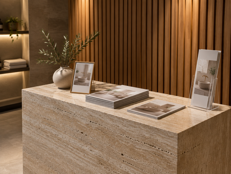 Brochures and product cards on a travertine showroom display plinth