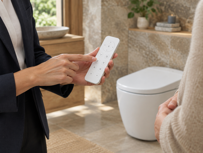 Showroom staff demonstrating a smart toilet remote to a customer