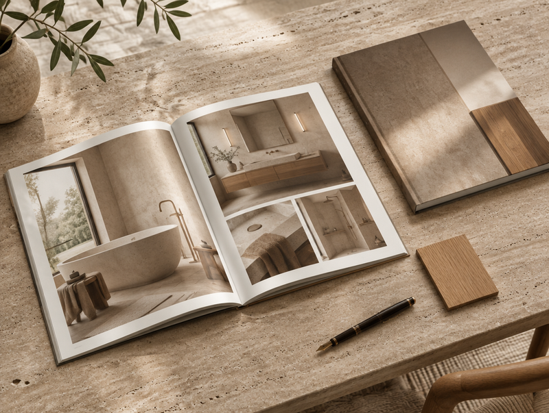 Product catalogue open on a travertine table