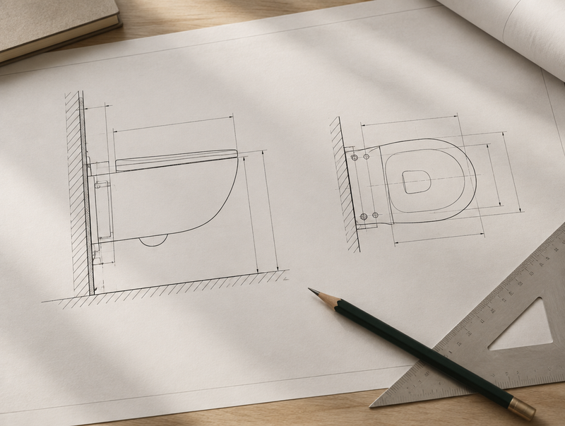 Technical drawing of a wall-hung toilet elevation and plan