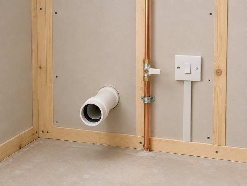 First-fix waste pipe, water supply and fused spur before tiling