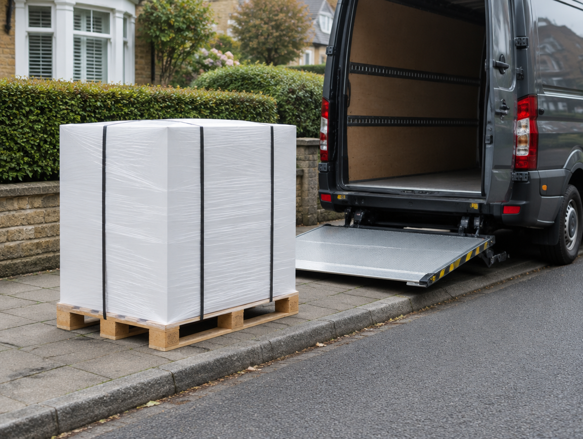 A boxed toilet shrink-wrapped on a pallet at the kerbside beside a delivery van