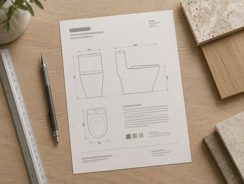 Printed product specification sheet on an architect's desk