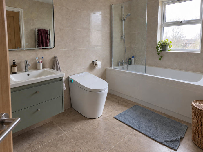 Customer photo — Tresani beside the bath in a family bathroom