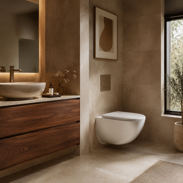 Warm designed bathroom with wall-hung toilet and walnut vanity