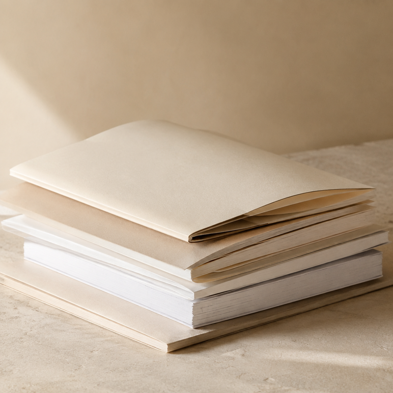 Stack of cream brochures and documents